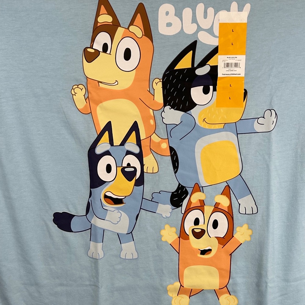 Bluey Kids Graphic T-Shirt Light Blue Heeler Family Short Sleeve Large New